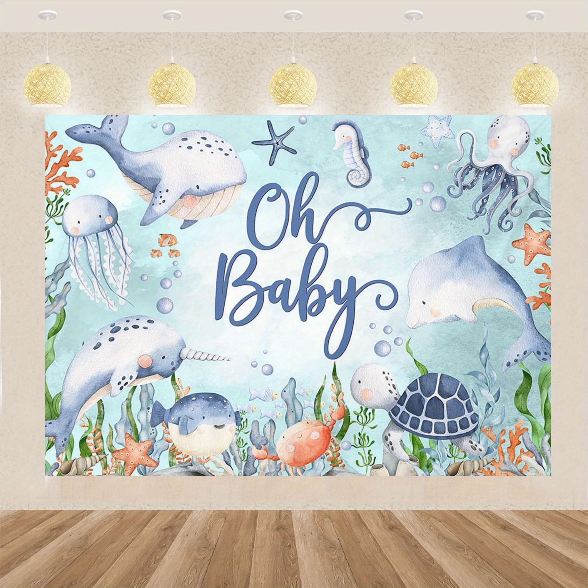 1pc cartoon polyester multipurpose backdrop background 82 7 59 inch   shower oh baby ocean r3 24 77 suitable for party birthday anniversary camping background items cake table banner supplies background photo shooting background party decoration theme party birthday party indoor outdoor use 0