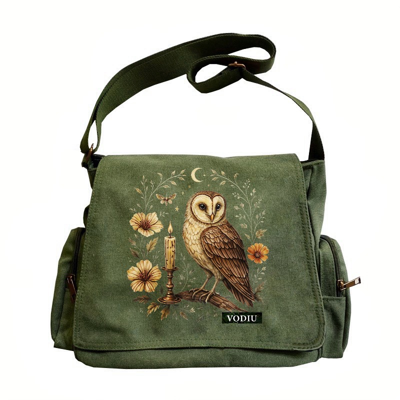 TEMU Vintage Owl Print Large Capacity Shoulder Bag, Flap Vintage Tote Crossbody Messenger Bag With Owl, Floral, And Moon Phase Patterns, Literary