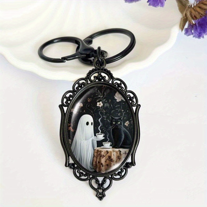 TEMU 1pc Vintage Gothic Keychain With Coffee, Black Cat, And Pattern Border, Perfect For Halloween, Thanksgiving, , And Backpack Decoration Accessory