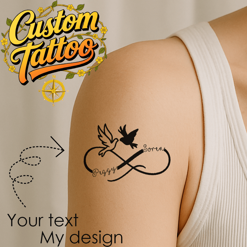 Conceptions uniques de tatouages sur mesure avec des oiseaux et des symboles d'infini, ainsi que des tatouages photo personnalisés. Ces autocollants de tatouage de haute qualité et imperméables pour les bras sont faciles à enlever avec de l'eau, ne laissant derrière eux aucune résidu. 0