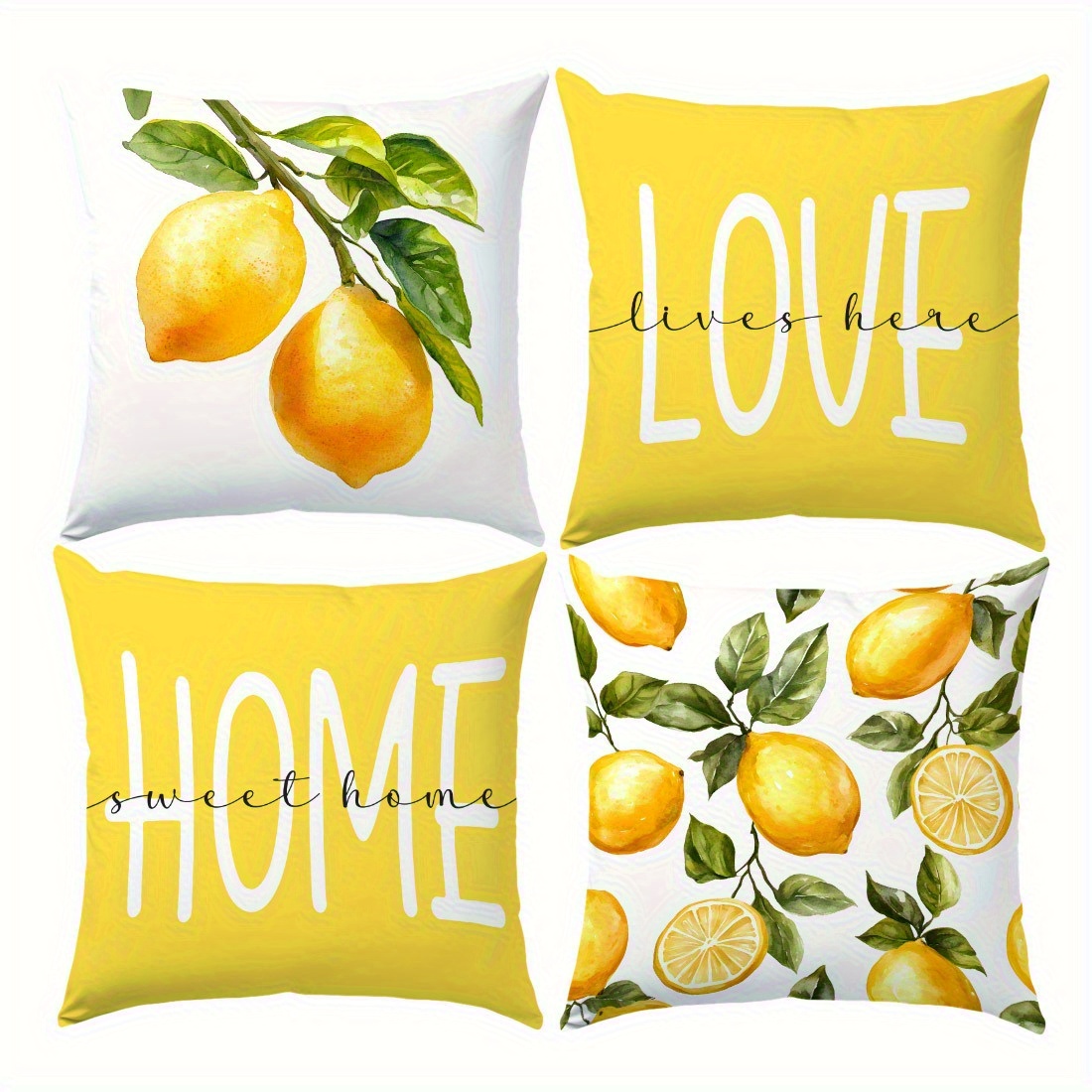 E-shop 4er-Set, Kissenbezug-Set mit Zitronenmuster in Aquarell-Optik für den Außenbereich, 16x16, 18x18, 20x20 Zoll, dekorative Kissenhüllen für