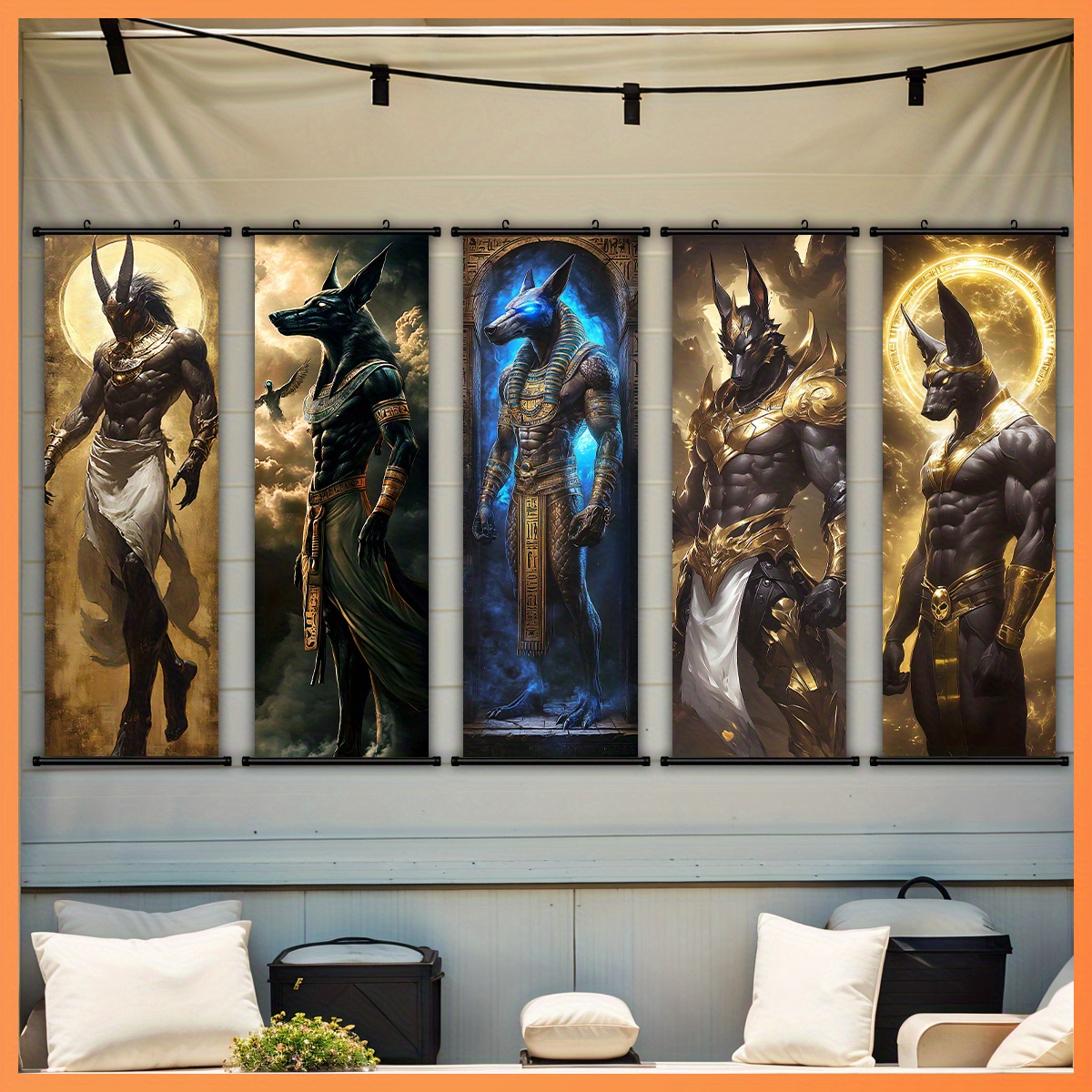 TEMU 2d Flat, 2d Flat, 5pcs Egyptian God Canvas Wall Art, Glowing Eyes Plastic Hanging Picture, Vintage Canvas Wall Art, Anime Scroll Poster, Modern