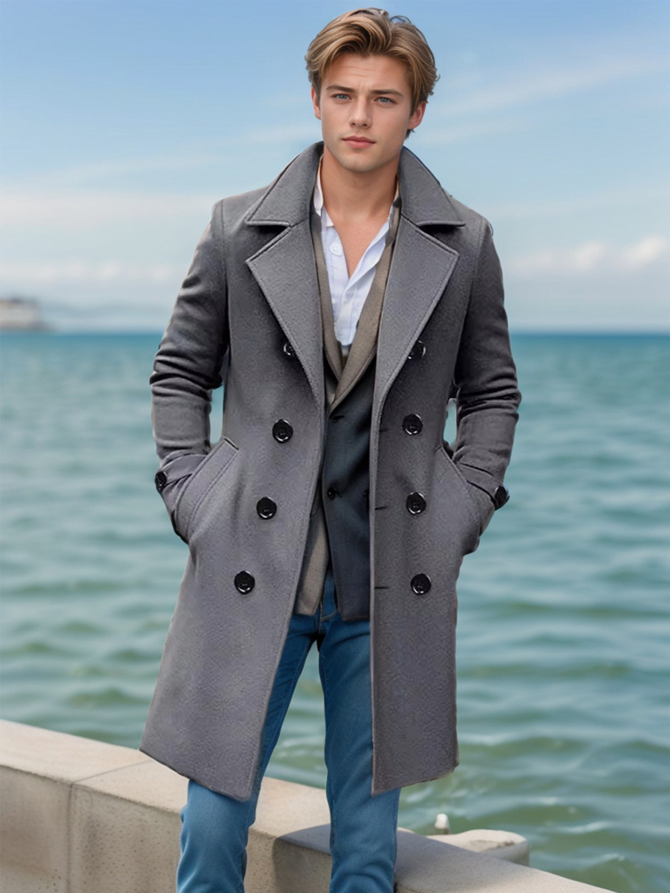 Zweireiher Mantel Mantel Hellblau Herren Herren Stilvoller