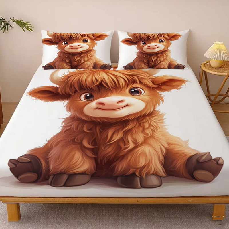 TEMU 1pc Adorable Fluffy Calf With Sweet Smile Pattern Fitted Sheet, Single Deep Pocket Fitted Sheet Only, No Pillowcases, Washed Soft Fabric,