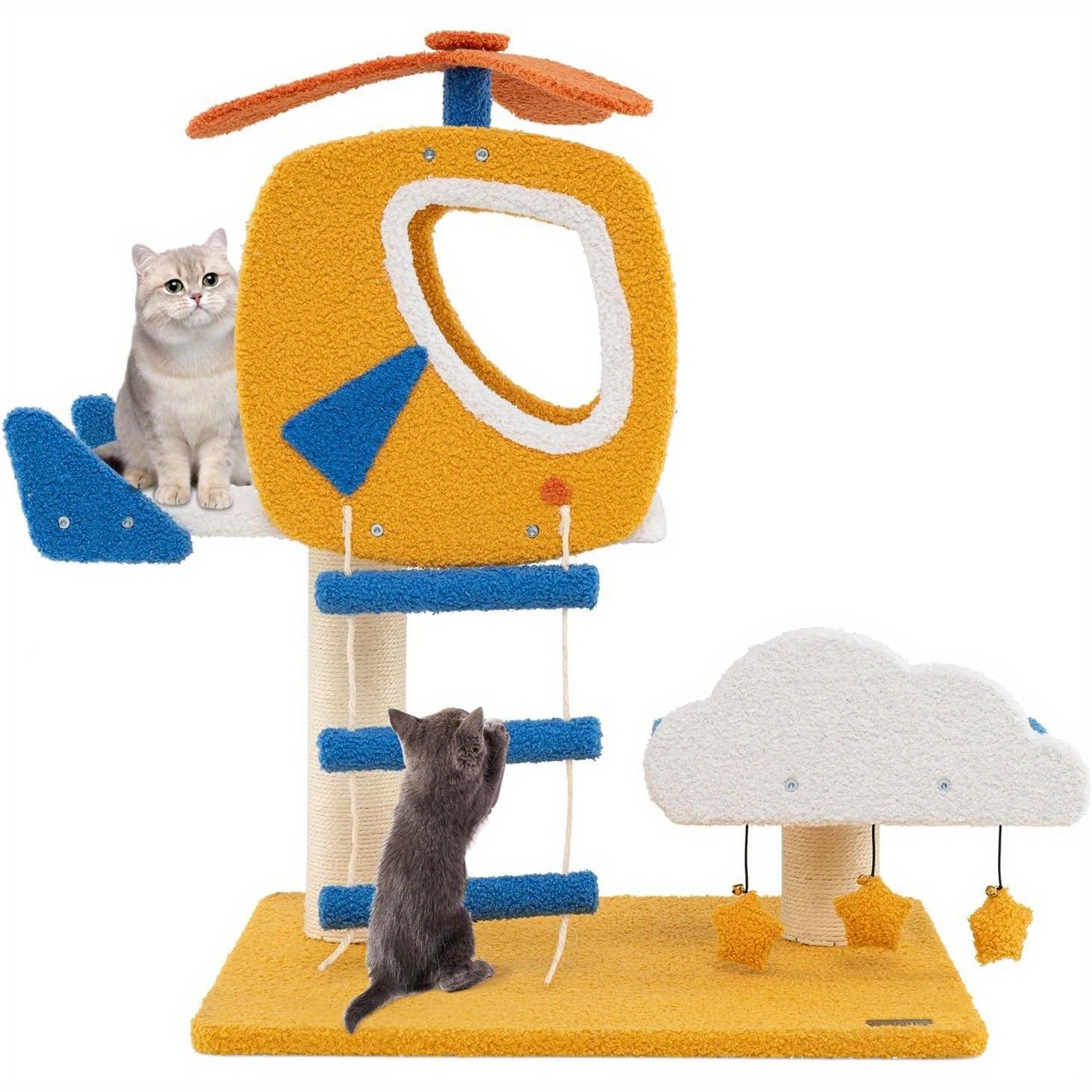 Cat Tree 76cm, Cat Tree Helicopter Theme, Cat Furniture Climbing Tree With Cloud Platform, Toy, Sisal Scratching Posts & Ladder Yellow