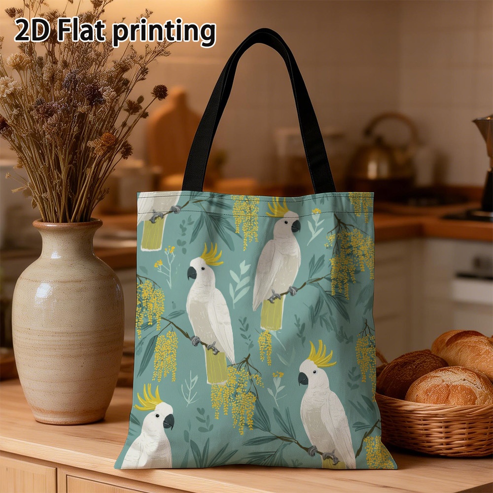 TEMU 1pc, Women's Handbags, Australian-themed Tote Bag Suitable For Ramadan, Diwali & Graduation Gifts - Reusable White Roosteratoos And Yellow Print