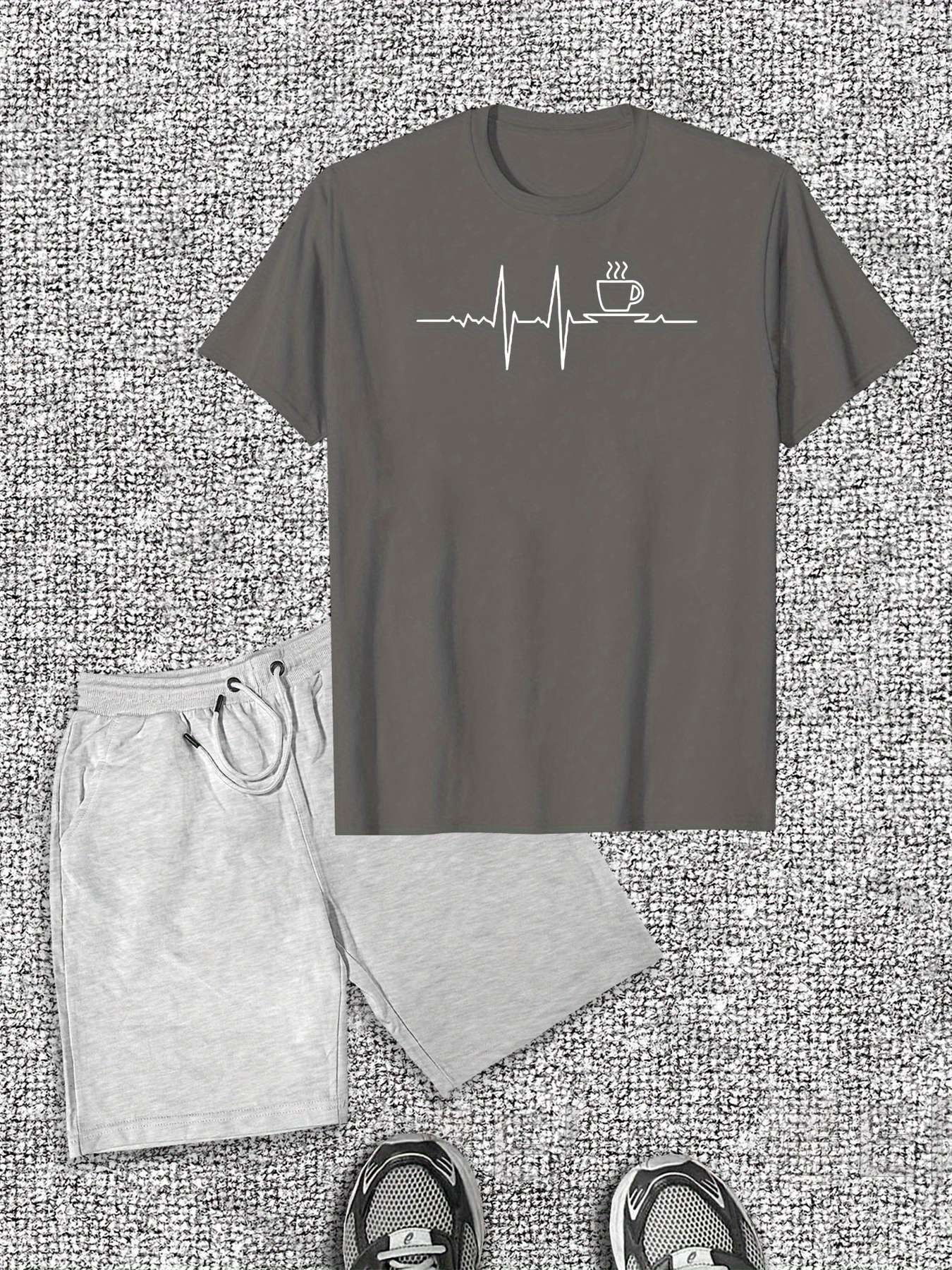 Men's Coffee Signal Pattern Short Sleeve T-Shirt Shorts Casual Set
