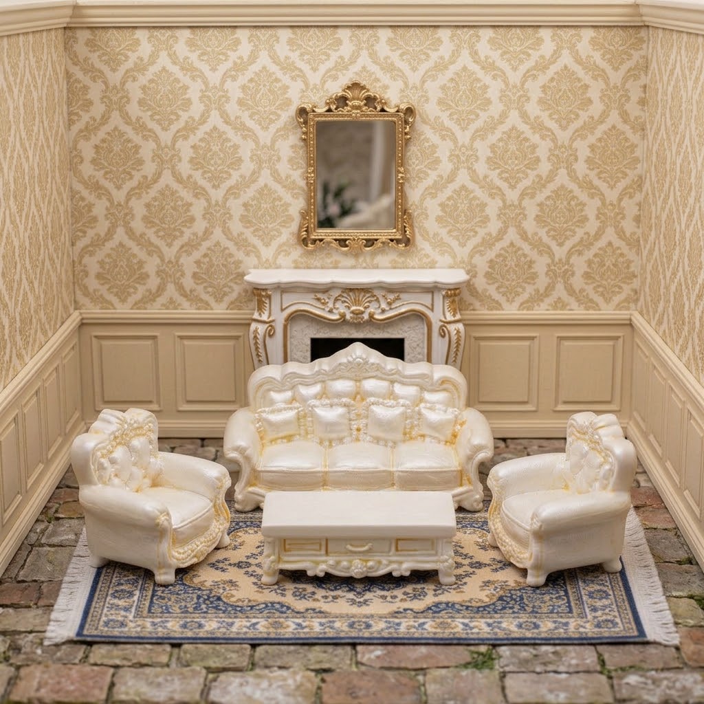 TEMU 4pcs Vintage Style Miniature Model Sofa Furniture Set, Mini Couch Armchair Coffee Table Ornament, White Carved Room Decor For Diorama Scene,