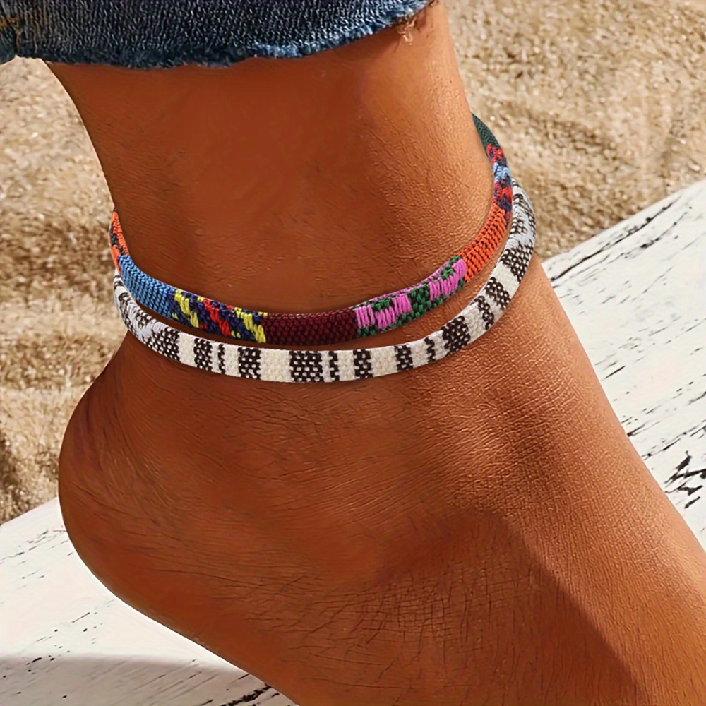 Men's 2pcs Knitted Ankle Bracelet Set, Bohemian Style