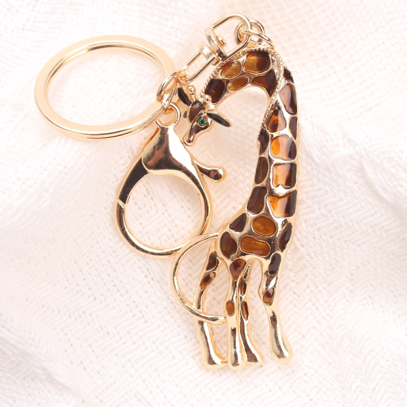 TEMU 1pc Golden & Brown-enamel + Green Accent Giraffe Keychain: Cute Keyring Bag Luggage Accessory, Bag Decoration, Keychain Accessory, Fashion