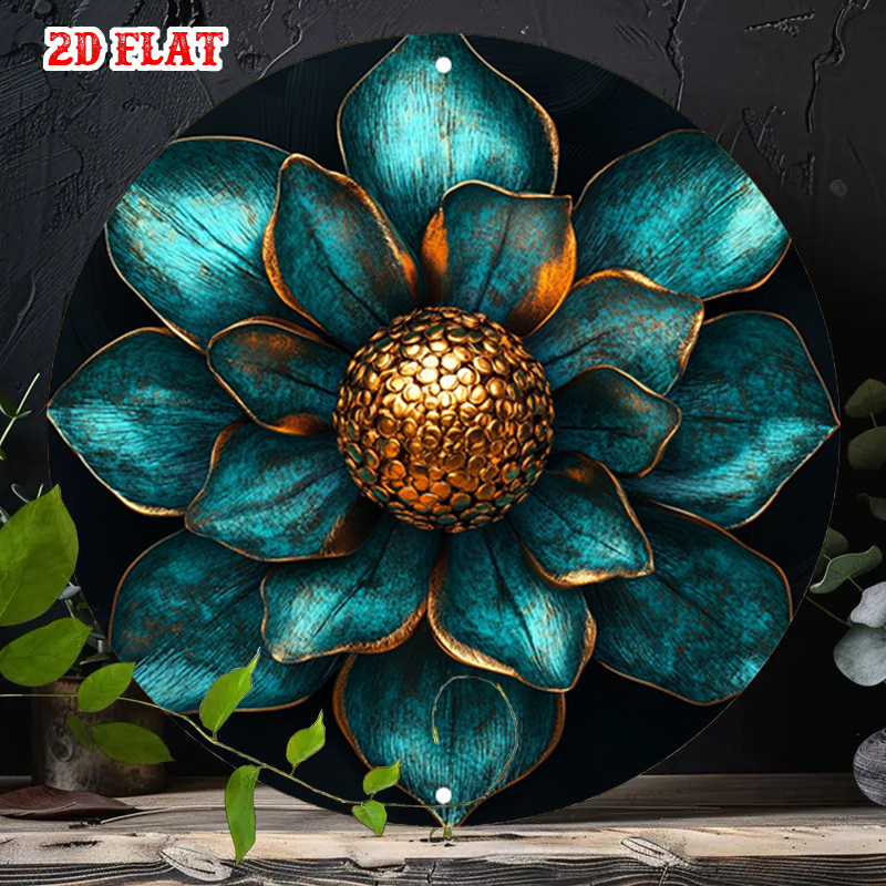 TEMU 2d Flat, 2d Flat 1pc Teal Textured Flower Metal Wall Decor - Round Wrought Iron Floral Sculpture Poster, Suitable For Living Room, Cafe, Beach