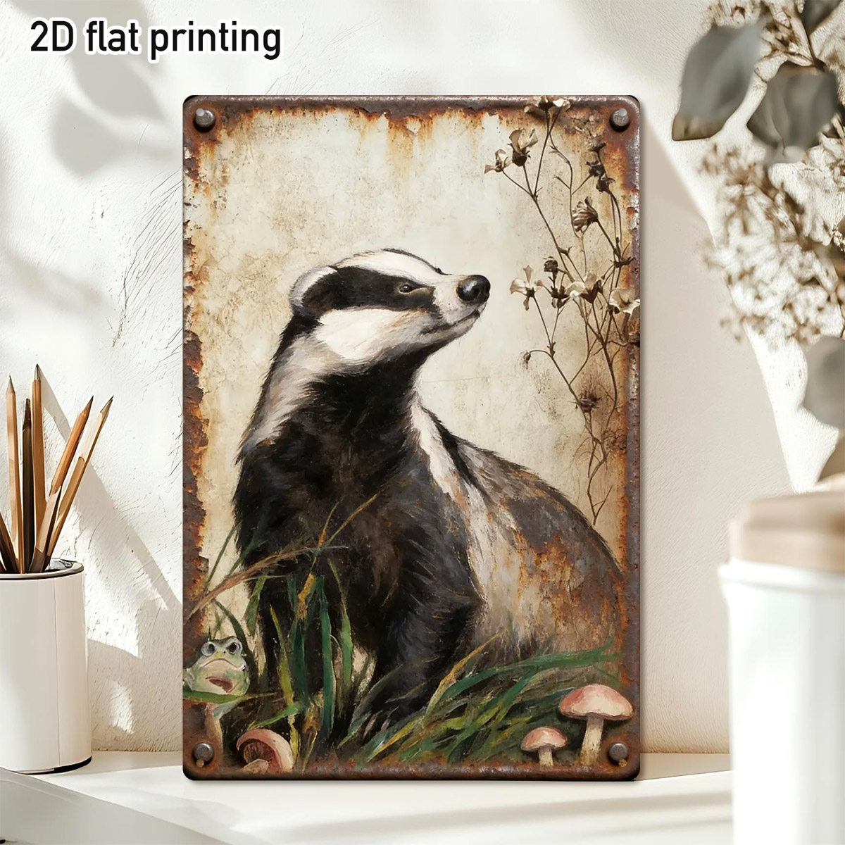TEMU 2d Flat - 1pc Of A Two-dimensional Vintage Badger-themed Metal Sign, Featuring An Adorable Badger In A Garden Setting. Decorating Farmhouse