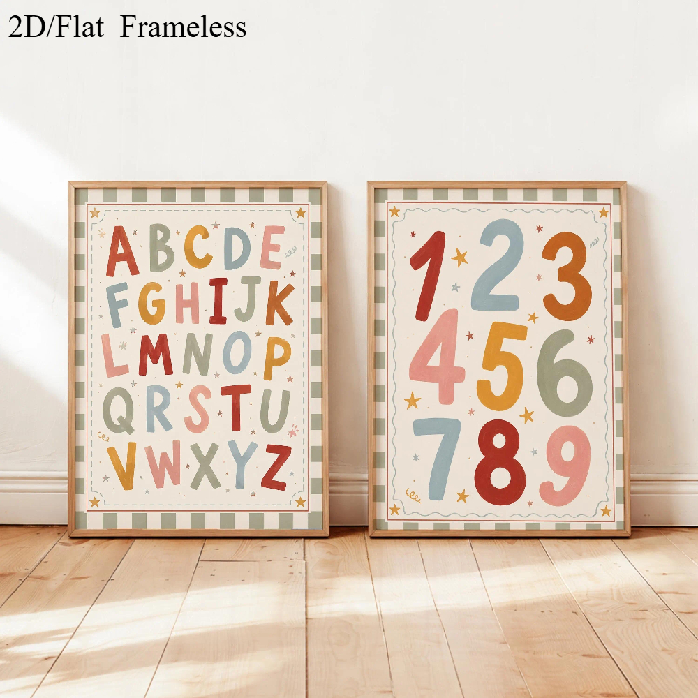 TEMU 2d Flat, 2pcs/set Frameless Abc & 123 Educational Wall Posters - Color Letters And Numbers Suitable For Nursery, Preschool Decor, Room Learning