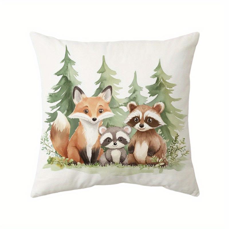 TEMU 1pc "Amis de la Forêt : Housse de Coussin Famille Renard et Raton Laveur" en Peluche Courte, 17,7 Pouces X 17,7 Pouces, Oreiller, Impression