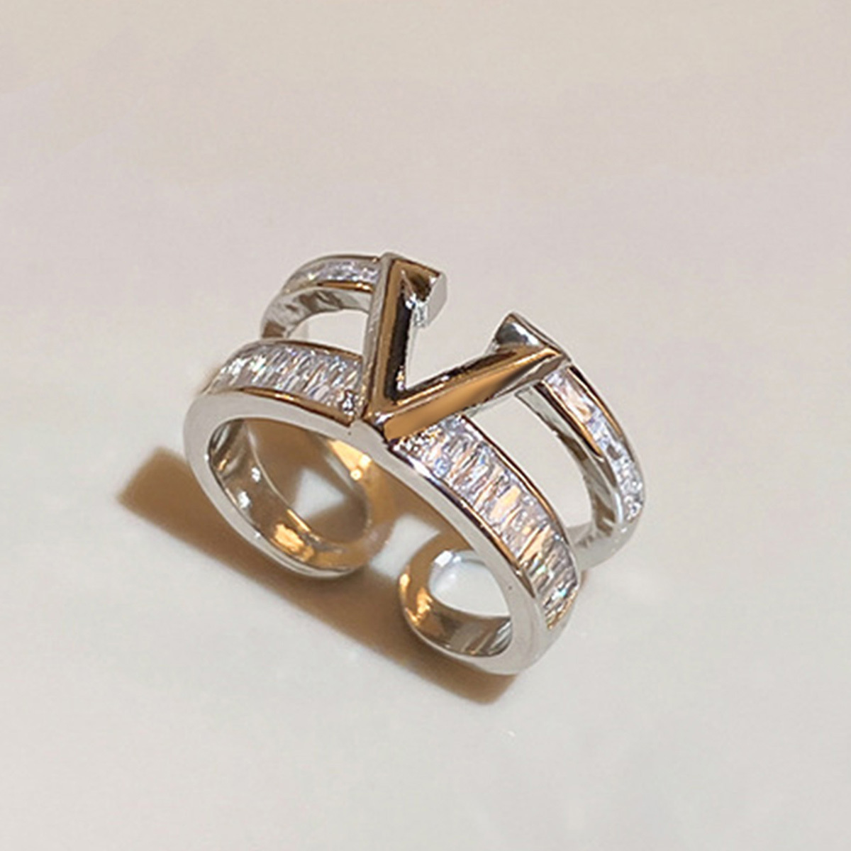 Golden Tone V Letter Ring CZ Accents Adjustable