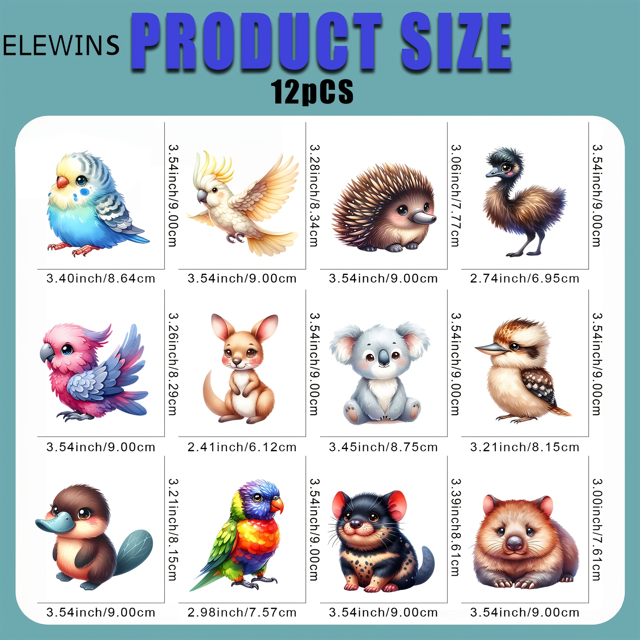 TEMU 12pcs Set Of Cute Australian Wildlife Cartoon(parrot, Bear, Hedgehog, Kangaroo) Small-sized, -on Vinyl Heat Transfer Stickers, Durable And Diy