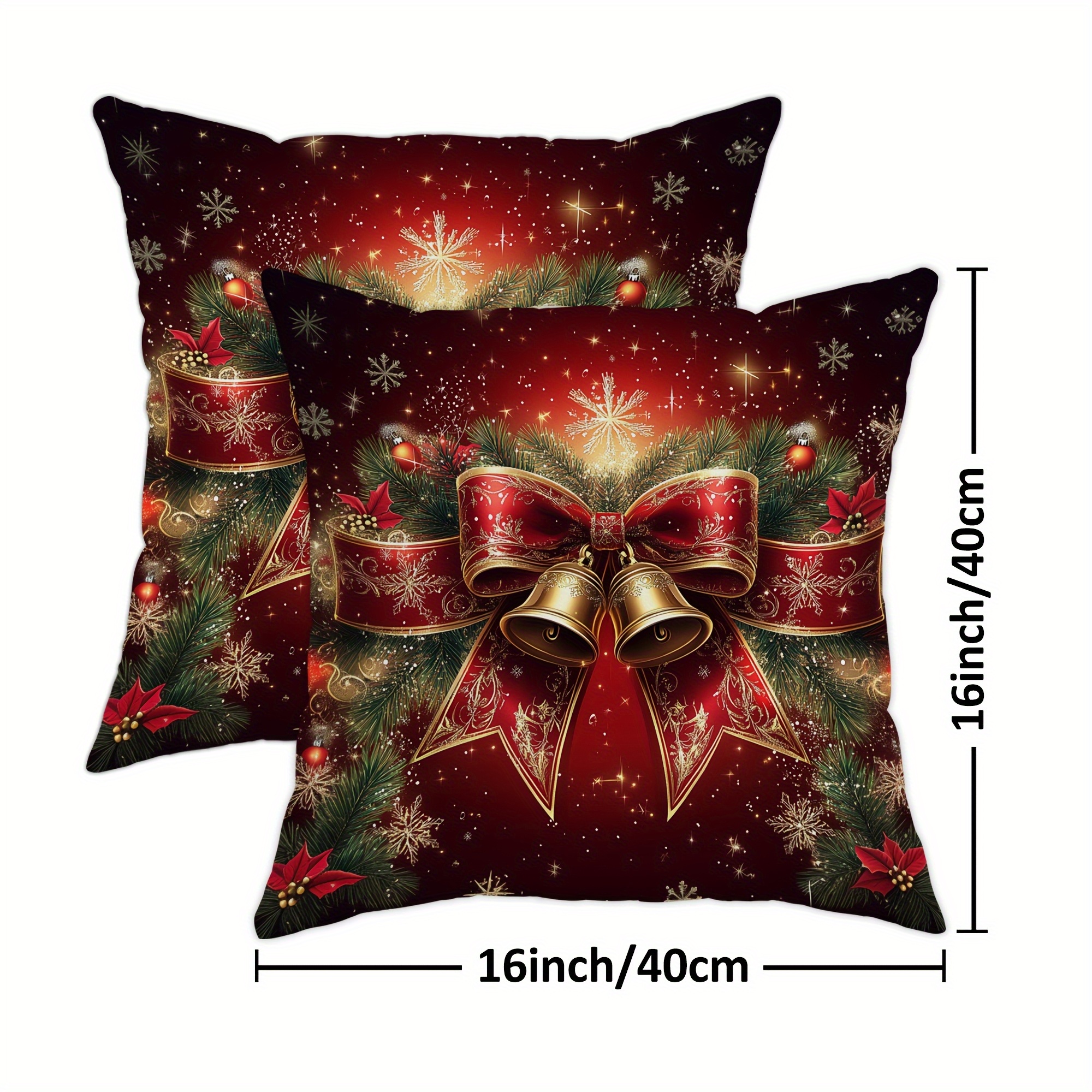 TEMU 2pcs Christmas Velvet Pillow Covers - Red Ribbon Bow, , Pine Tree And Snowflake Design, Soft Polyester With Zipper Closure, Machine Washable,