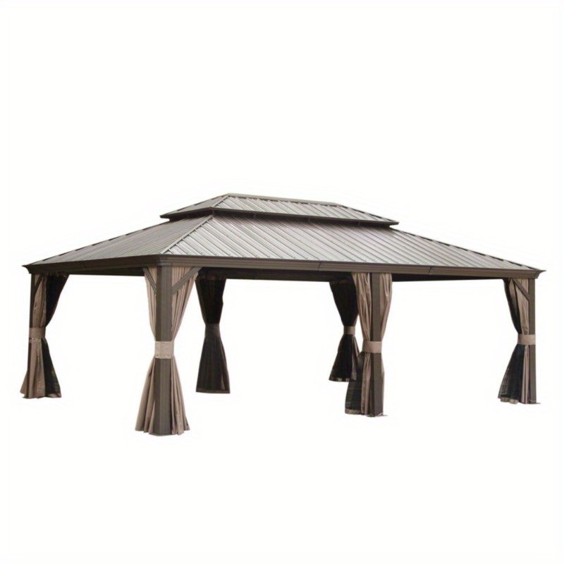 14x24FT Brown Metal Gazebo for Patio Garden Deck, Aluminum Frame with Galvanized Steel Double Roof, Built-in Gutter System, Includes Curtain and Netting, Durable Outdoor Pavilion Shelter.