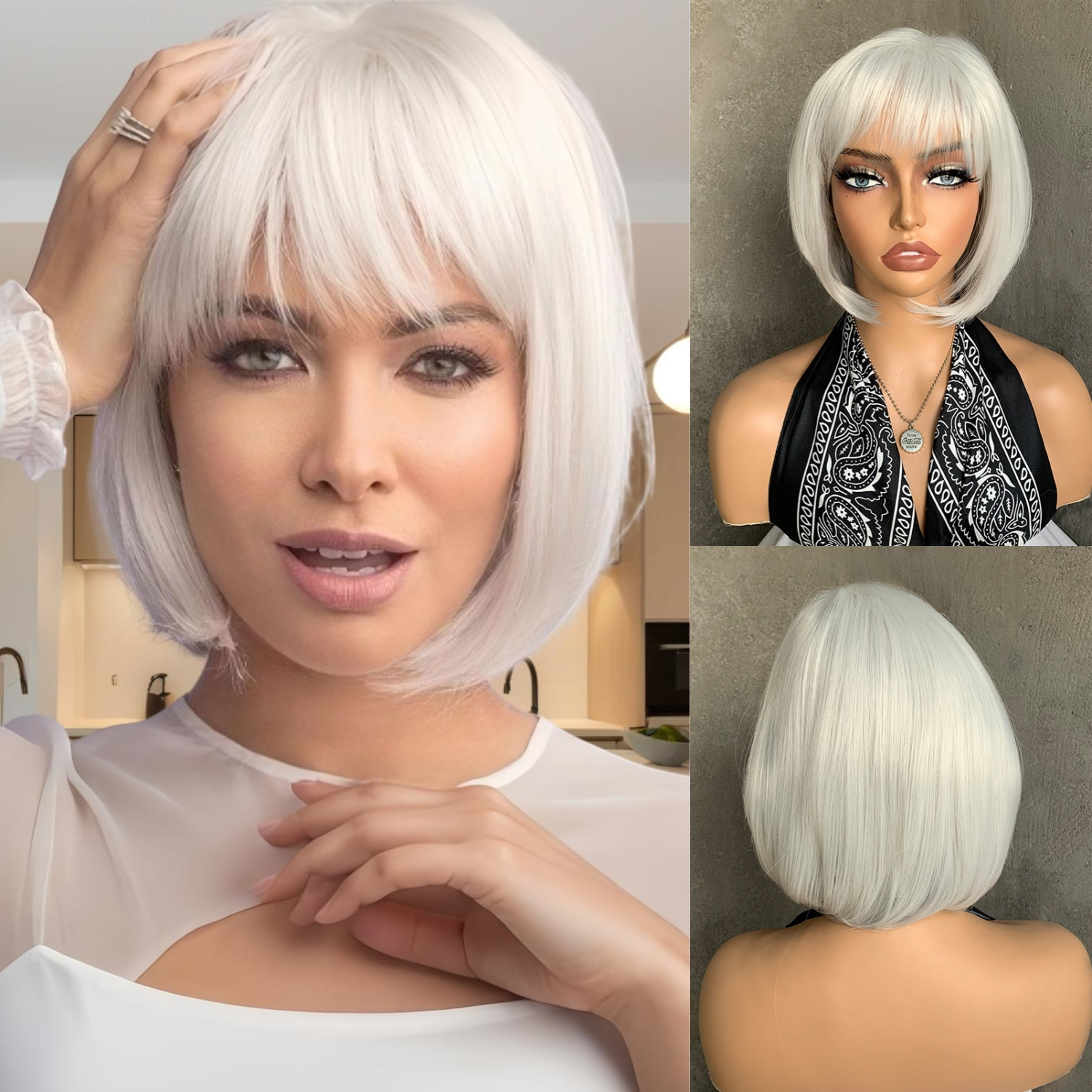 

Short Bob White Textured Wigs Suitable For Women Cosplay Daily Wigs With Bangs Silvery White Hair Matte High-temperature Silk Synthetic Wigs 10 Inch