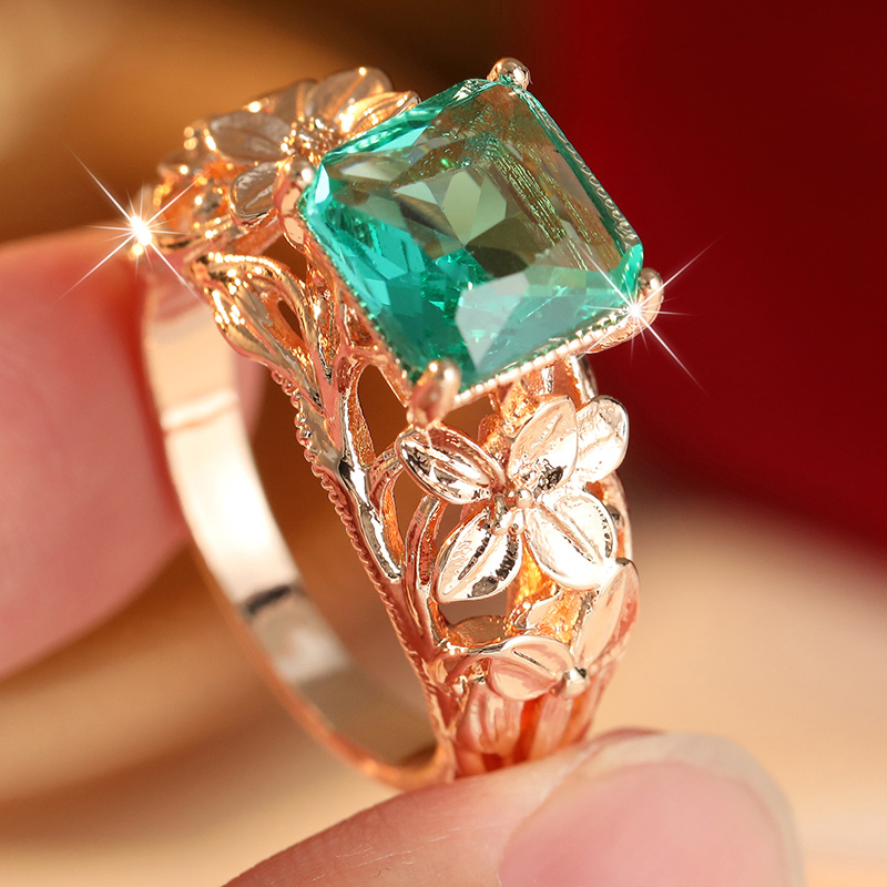 Square Green Tone Synthetic Zirconia Hollow Carved Women's Ring