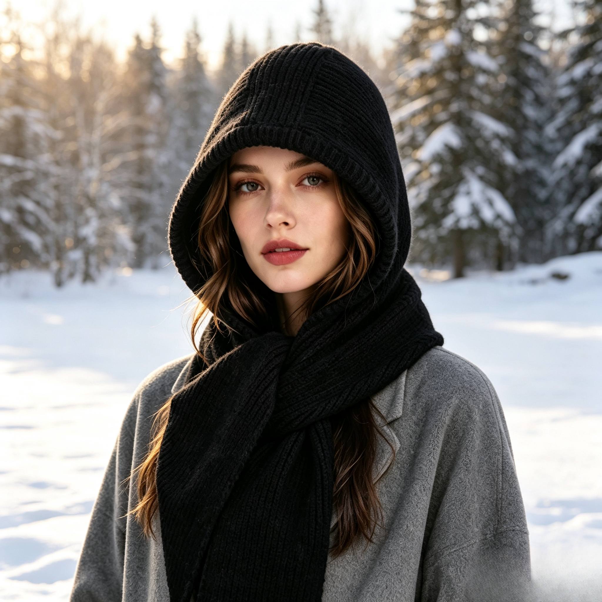 TEMU Tecey Women's Stretchable Hooded Scarf Hat & Neck Warmer Combo - Thickened Winter Ear Protection Suitable For Outdoor Skiing, Cold Weather,