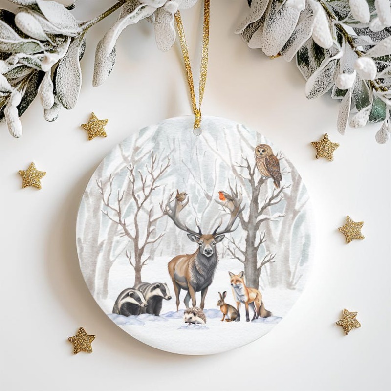 TEMU 1pc Woodland Christmas Tree Decoration - Rustic Scene With Deer, Owl, Fox & Snowy Trees - Acrylic Holiday Ornament For Indoor/outdoor Use,