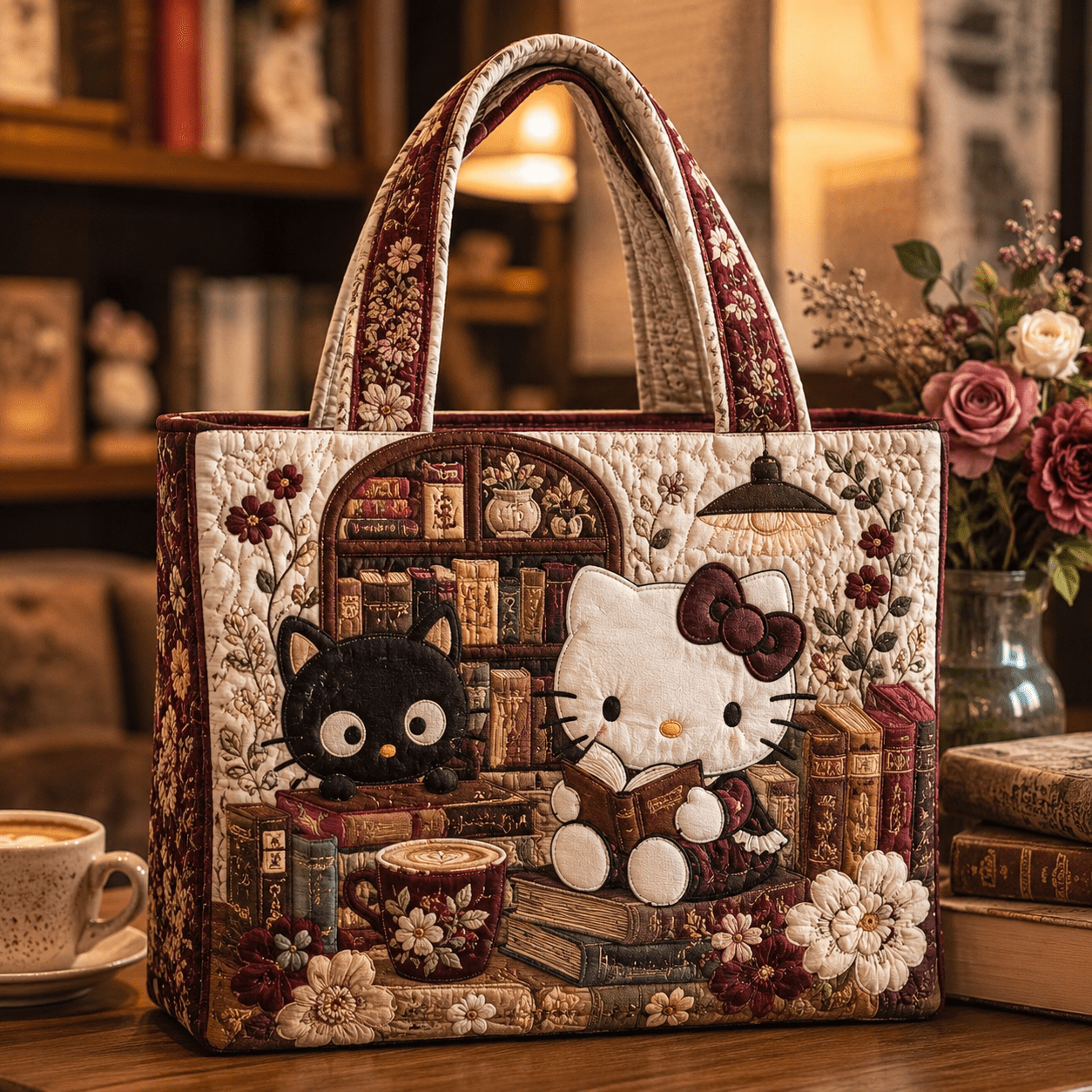 TEMU Real Quilted Embroidery Hello Kitty And Vintage Book Print Tote Bag, Handbag, Ideal For Shopping, Travel, School And Daily , , Camping, Gym,