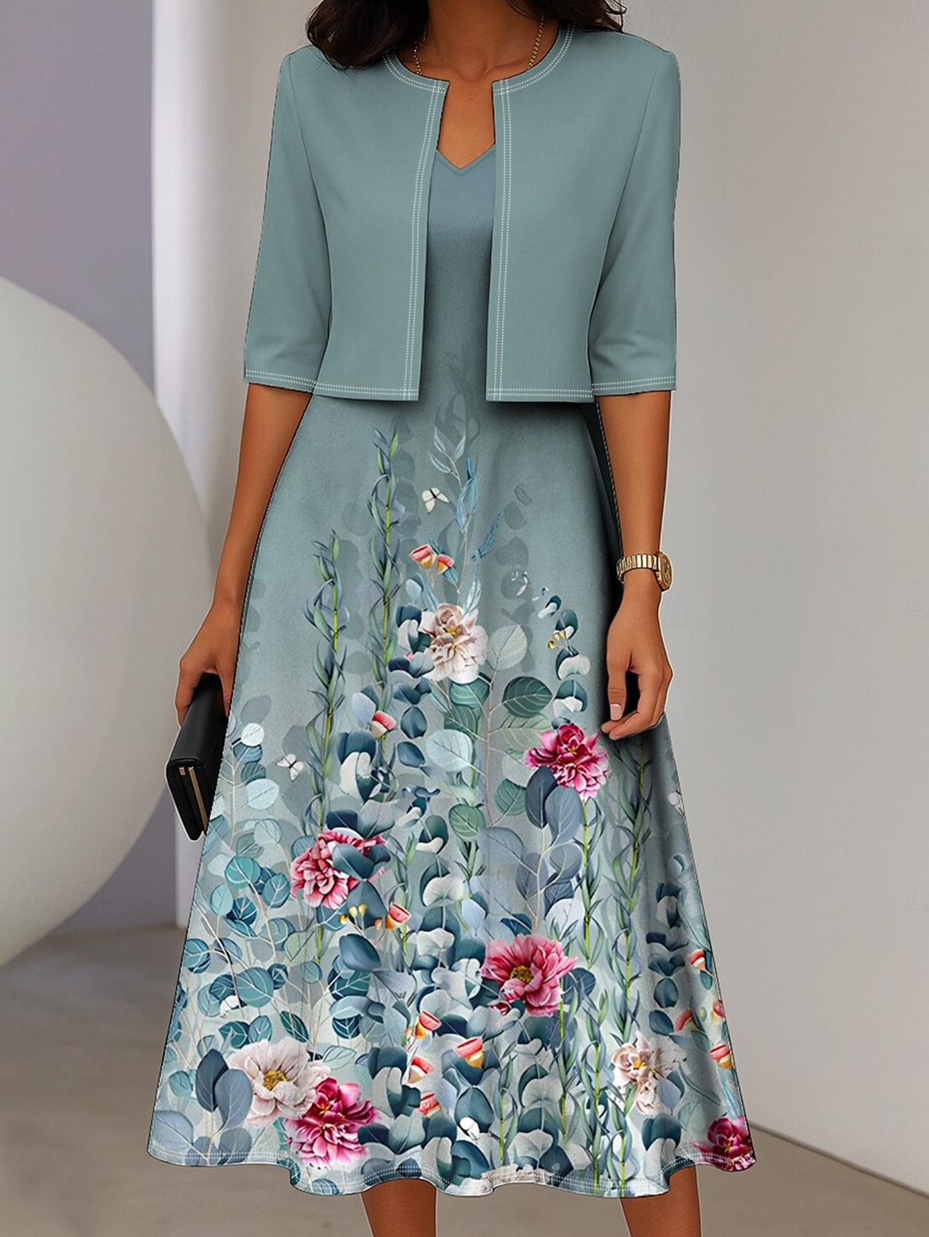 womens two piece dress sets midi dress with jacket elegant a line dress half sleeve casual semi formal ombre floral print crew neck date   purple regular fit