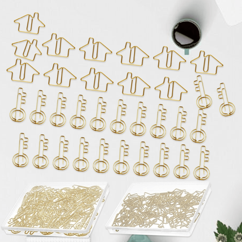 102pcs Key-Shaped Wire Paper Clips & Bookmarks - Golden House & Key Design, Durable PP Material, Perfect for Office & Home Organization