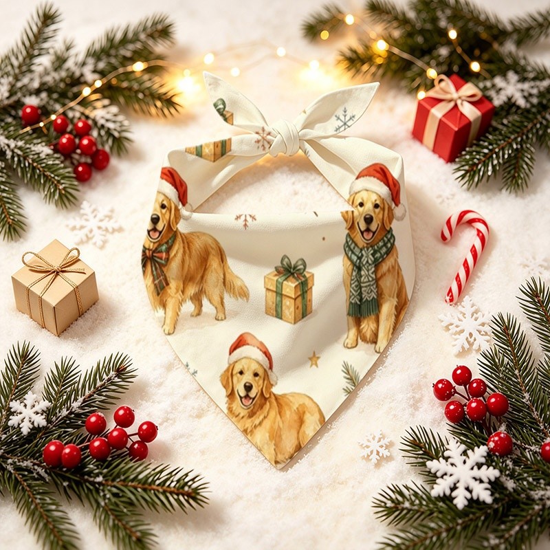 TEMU 1pc Watercolor Golden Retriever Dog Scarf & Bandana With Santa Hat - Suitable For Dogs' Daily Wear & Christmas Party Outfits, Warm Comfortable