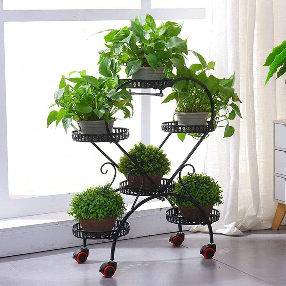 Image of Iron Plant Stand, 6 Pot Plants, Metal Flower Stand For Indoor And Outdoor, Planting Pot Display For Home, Garden, Balcony (black + Wheel)