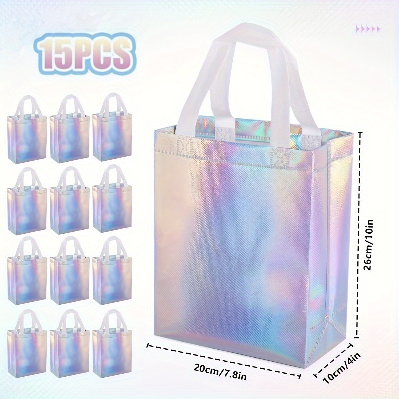 TEMU Gift For Her/him Set Of 15 Shimmering Holographic Bags Featuring Handles - Medium-sized Tote Bags Ideal For Birthdays, Celebrations, Weddings,