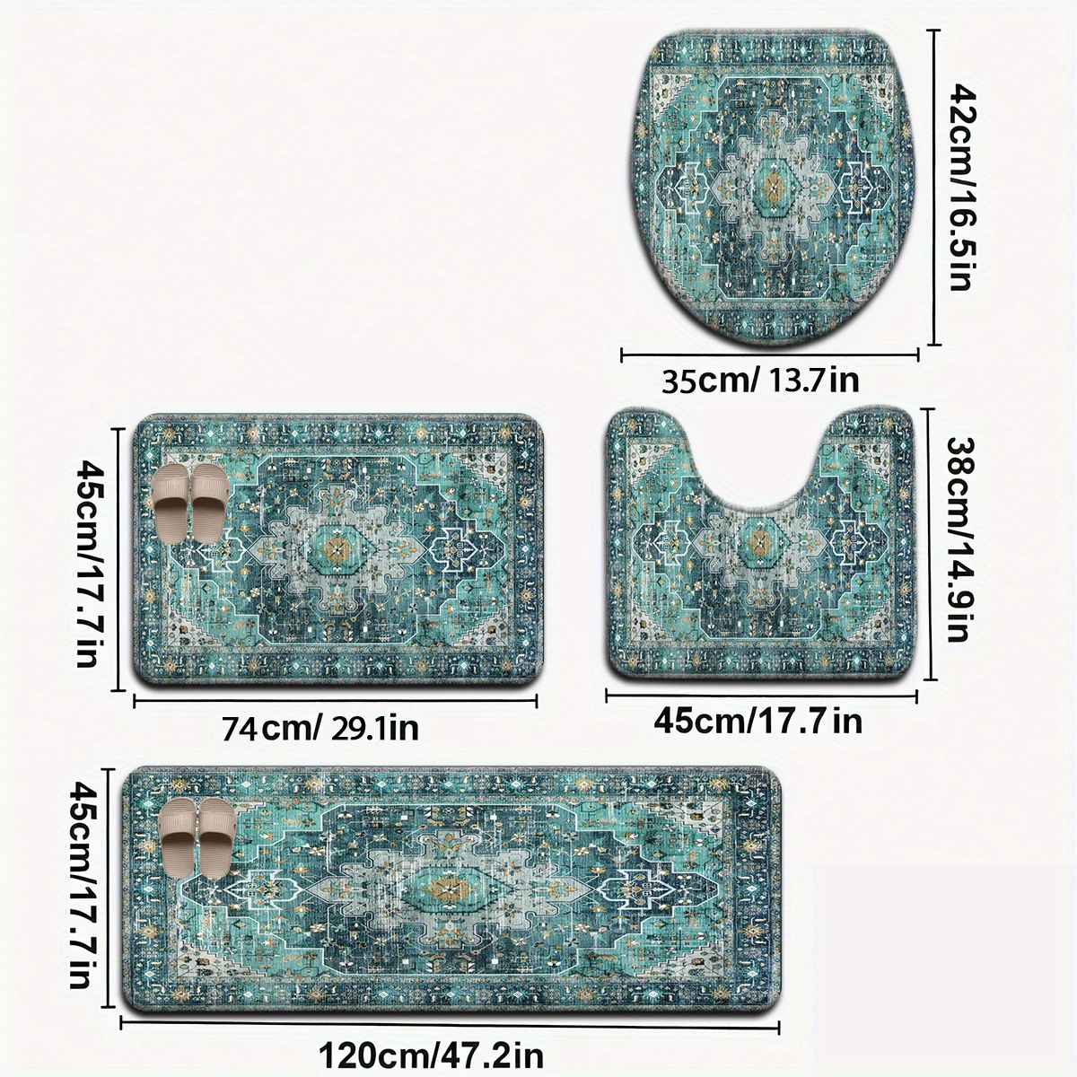 TEMU [Ouvert] Ensemble de 3/4 tapis de bain style bohème à motif vert, couvercle de couvercle de toilette, tapis de pied de U