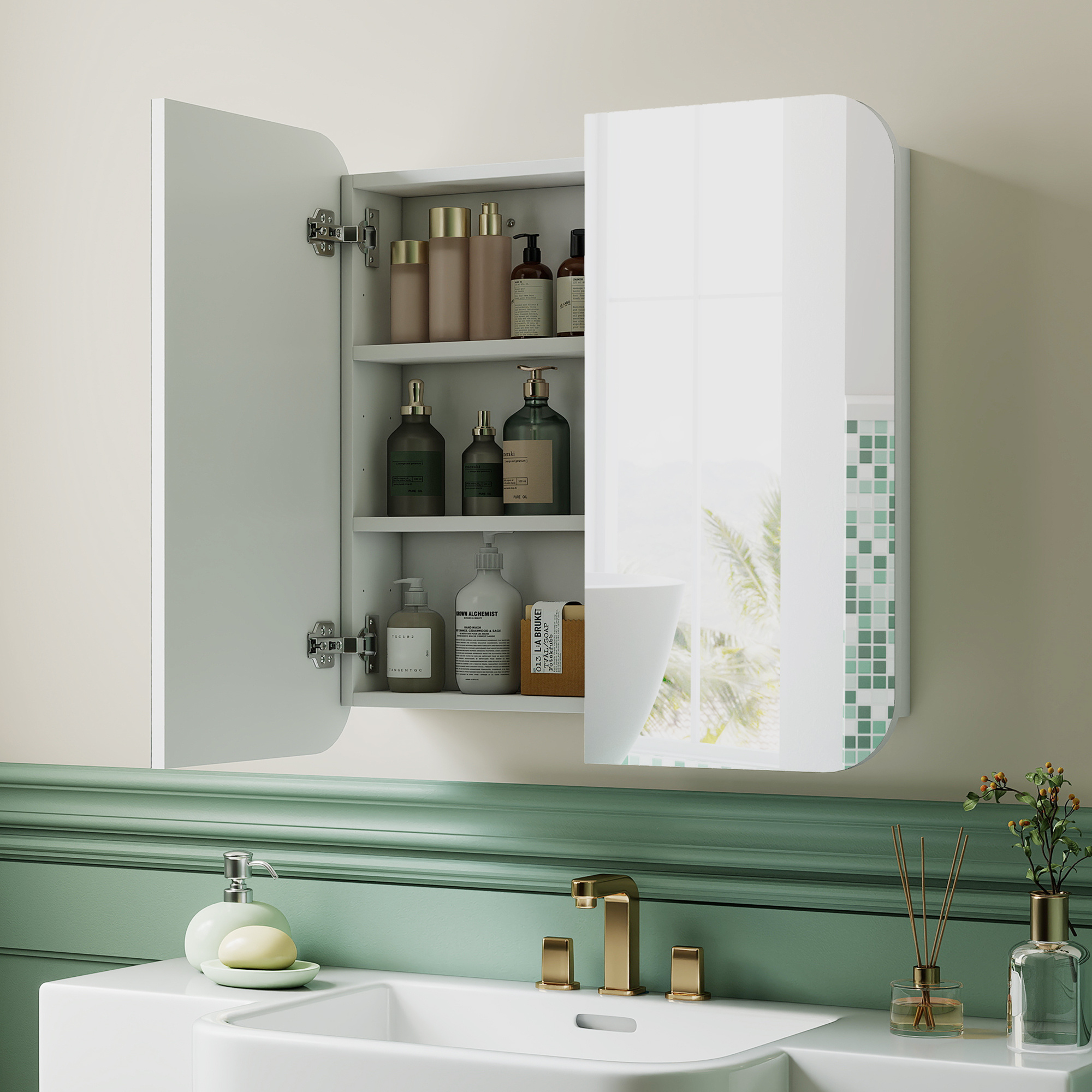 TEMU Homcom Arched Bathroom Mirror Cabinet, Wall Mounted Mirrored Cabinet