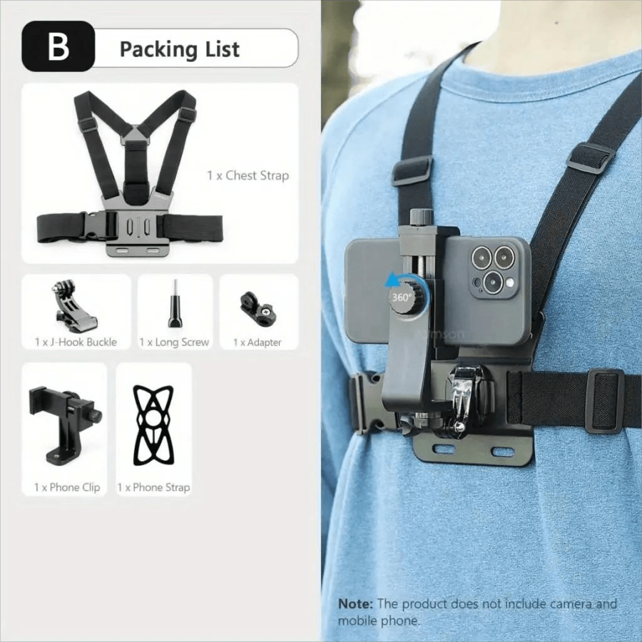 TEMU Phone Camera Mount Kit Adjustable Chest & Head Strap For Action Cameras & Smartphones