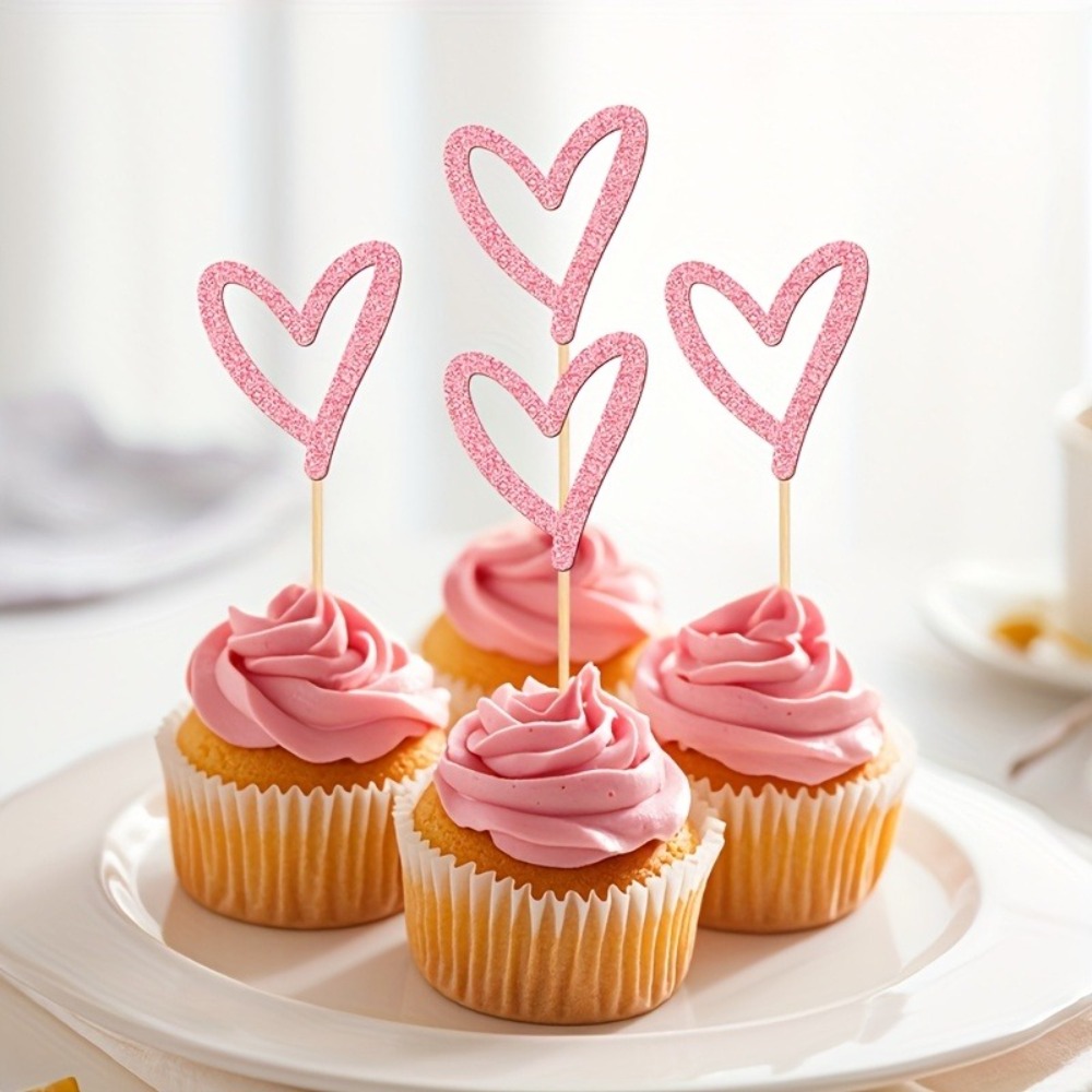 TEMU 24pcs Premium Glitter Heart Cake Topper Collection Versatile Cake Decorating Supplies For Valentine's Day, Bridal Showers, Weddings &