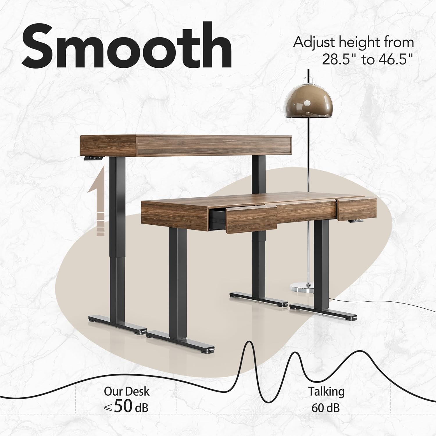 Recording studio furniture Electric Standing Desk with 3 Drawers, 48 Inches Height Adjustable Stand Up Desk, Whole-Piece Board Computer Workstation with 4 Memory Height Settings, Black Walnut