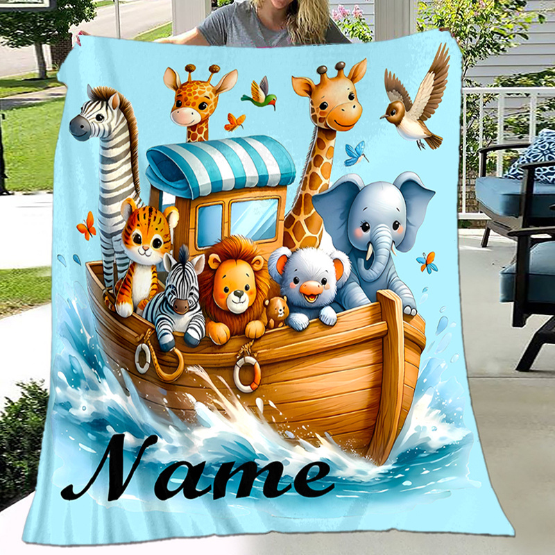 TEMU Personalized Custom Name Cartoon Animal Nautical Flannel Blanket - Soft And Warm Polyester Fiber, 3d Digital Printing, College , Suitable For ,