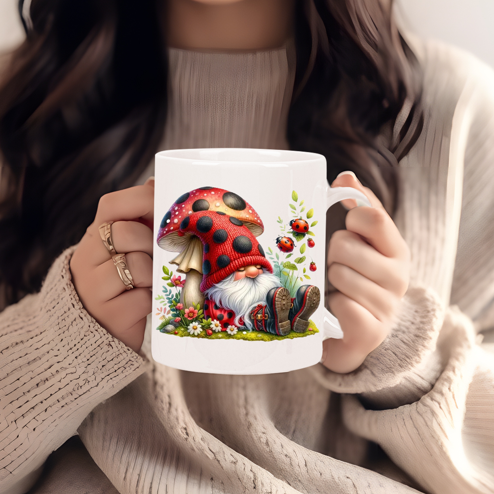 TEMU 1pc Woods Ceramic Mug, 11 Oz, Reusable Insulated Cup With Machine Washable Care, Multipurpose Use, Featuring Ladybug And Gnome Design