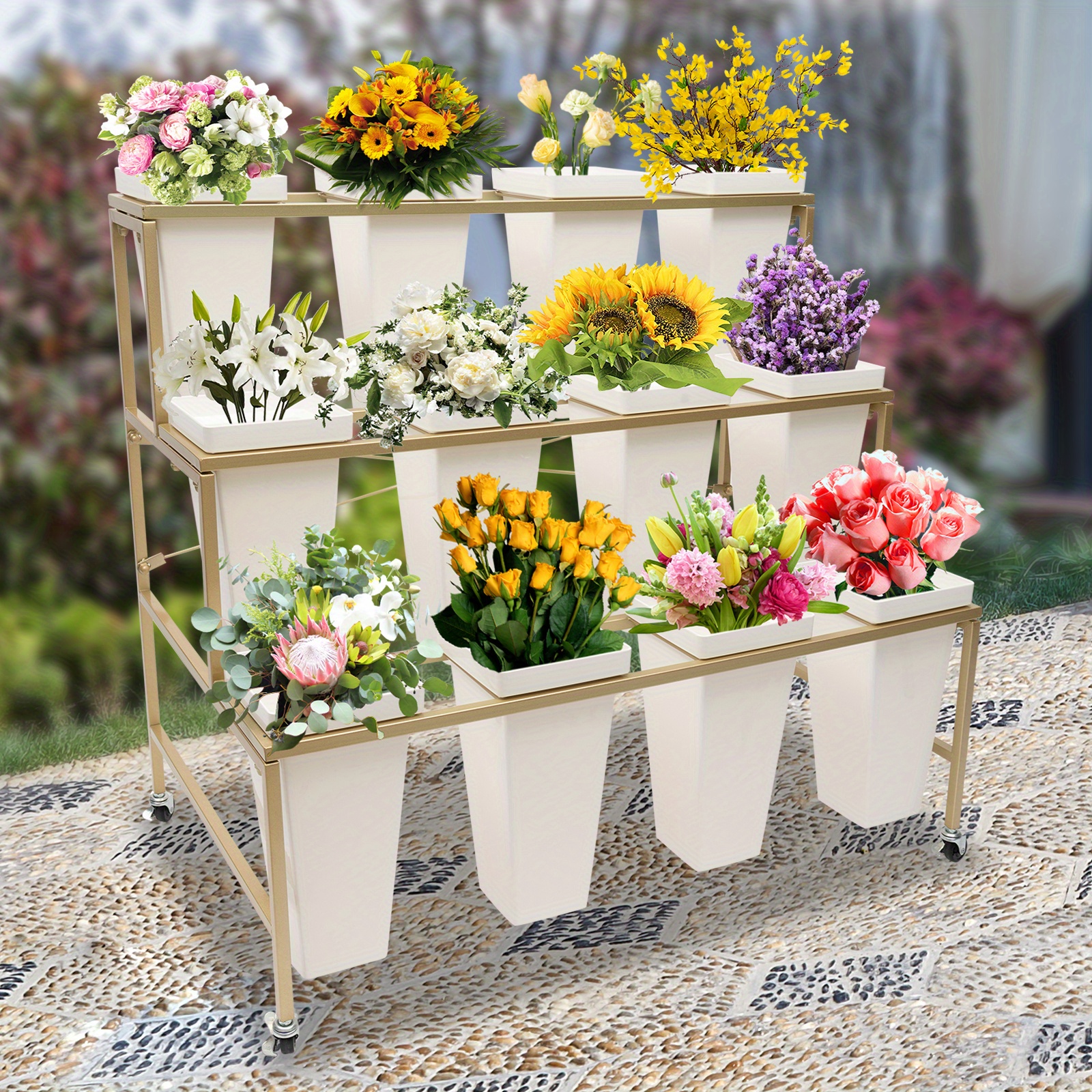 

Gardening Golden Display Rack Sunflowers Plants Shelf With Bucket