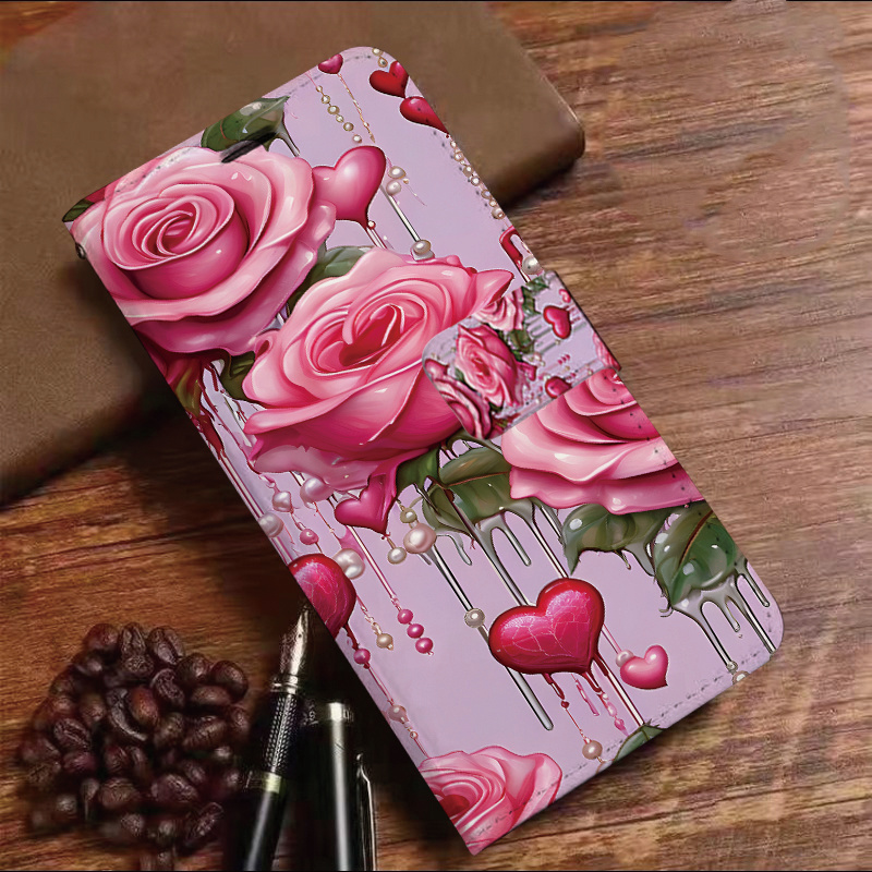 TEMU Phone Case - Rose Faux Leather, Flip Wallet Phone Case With Card Slots, Stand Function - Protective Case Suitable For A30 40 50 A51 Series And