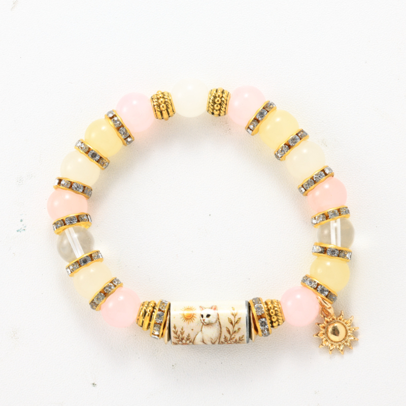 TEMU Bracelet de perles avec breloques chatons blancs mignons et soleil, bracelet élastique rose et jaune, bracelet à strass, accessoire doux, cadeau