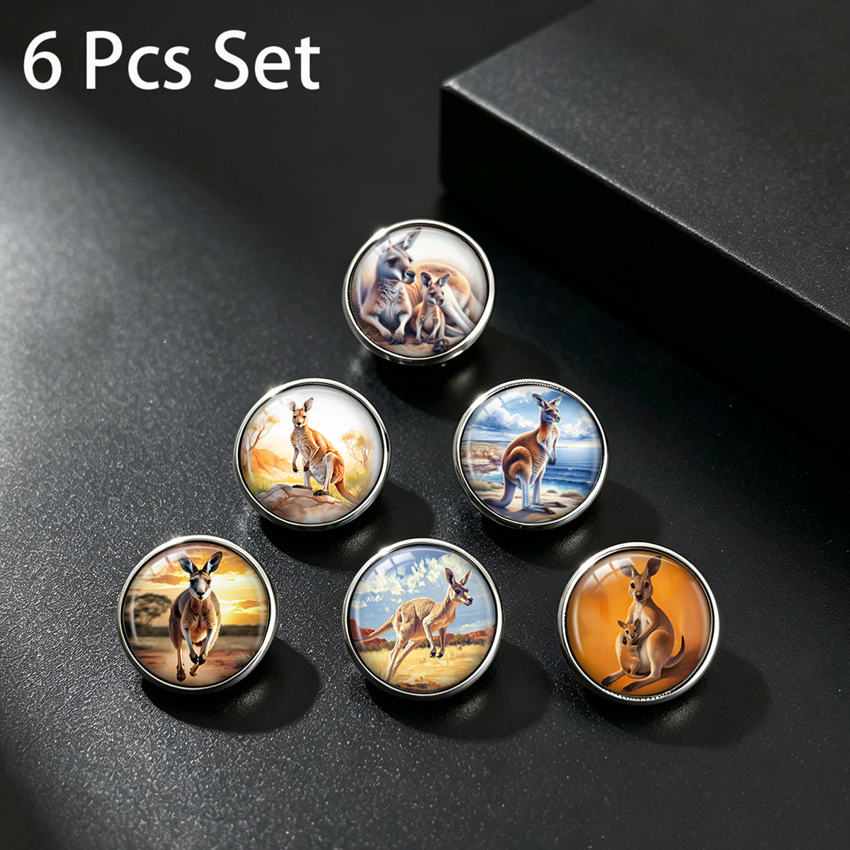 TEMU 6pcs Australian Kangaroo Natural Scenery Pattern Stainless Steel Lapel Pin Set, Versatile Decorative Pins For Men And Women, Nature-themed