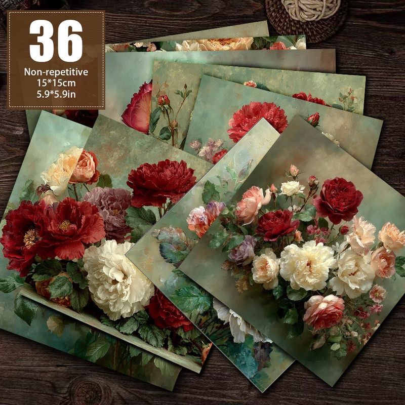 TEMU 36 Non-repeating Retro Style Bouquets With Delicate Warm Tones For Scrapbooking, Decorative Paper, Material Paper, Material Paper, Handbook