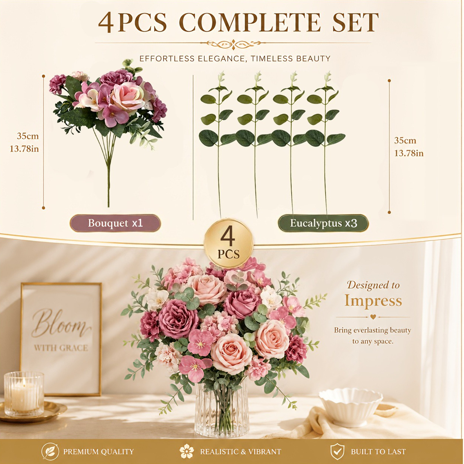 TEMU 4pcs Set Of Realistic Artificial Mixed Flower Arrangement, Elegant Dining Table Centerpiece, Pink Rose Peony Hydrangea Faux Flower Bouquet,