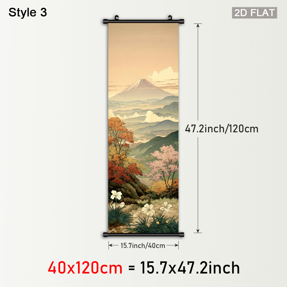 TEMU 2d Flat, 1pc Zen Landscape Framed Scroll Wall Art - Vertical -e Inspired Plastic Frame With Hanger, Cherry Blossoms, & Great Wave-like Canvas