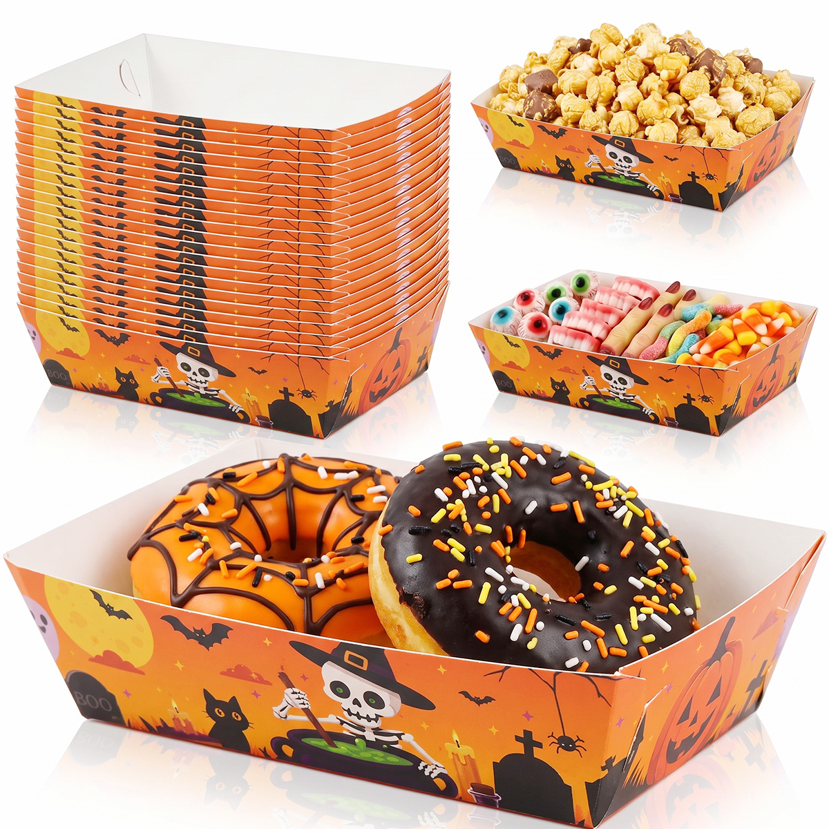 TEMU 12 piezas de bandejas de papel desechables para alimentos de Halloween, bandejas para servir snacks con de sombrero de /calavera/ mágico/gato