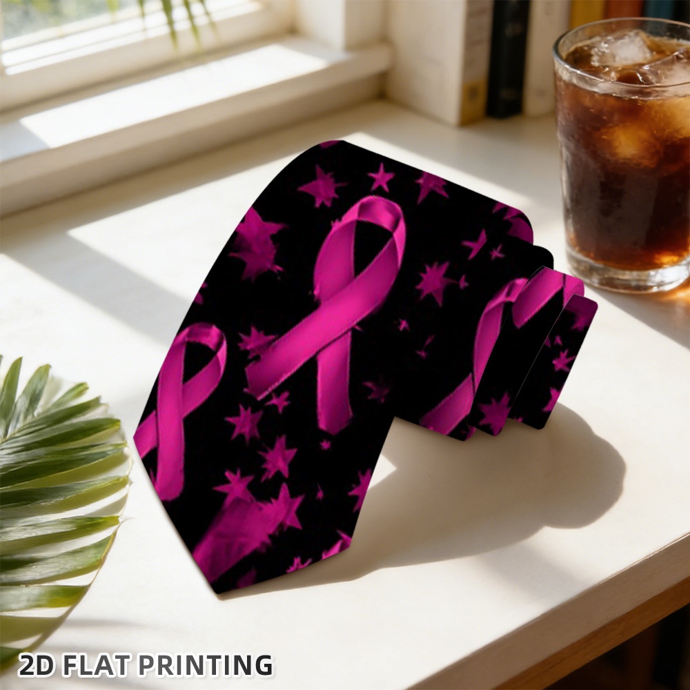 TEMU 1pc Stylish Print (2d Flat) Tie, Breast Awareness Ribbon Stars Pattern, Suitable For Parties, Weddings And Daily Looks, Great For Themed Events,