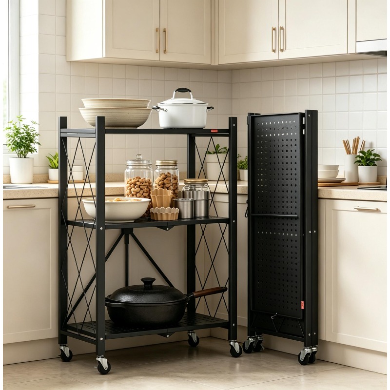 3 Layer Storage Rack, Kitchen Storage Rack With Wheels And 8 Hooks, Living Room Storage Metal Rack, Space Shelf Unit, Suitable For Kitchen Storage Storage Rack, Standing Shelf