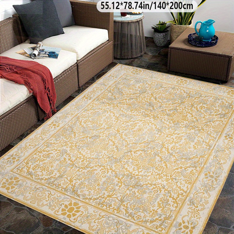 TEMU 1pc Of Large Area Rug With A Golden Diamond Velvet And Dotted Plastic Bottom, Featuring A European Vintage Bohemian Style, Machine Washable And
